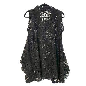 Gracia sleeveless tunic, heavy sheer black lace, trimmed v-neck, pleated hem SzS